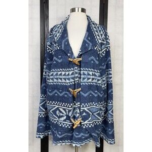 LRalph Lauren Blue White Aztec Toggle Southwest Sweater Down Jacket Top 3XL